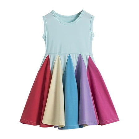 

Honeeladyy Winter Coats Toddler Baby Girl Fashion Short Sleeved Princess Rainbow Stitching Dress Girls Skirt Blue Clearance under 5$