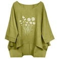 thumbnail image 3 of Fengqque Women Dandelion Print Top Boat Neck 3/4 Sleeve Oversized Loose Irregular High Low Hem Blouse Green XL, 3 of 6