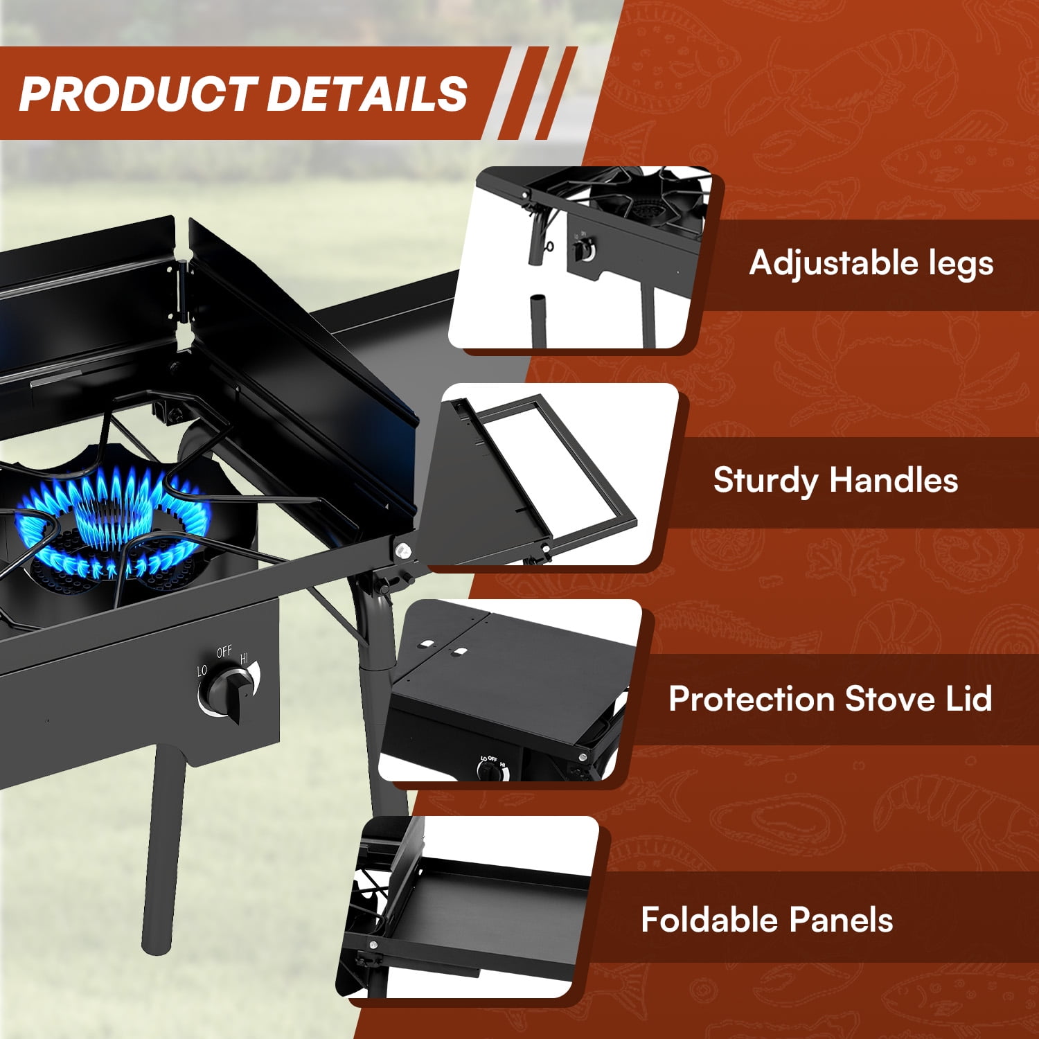 3 Burner Outdoor Camping Stove,20PSIG Regulator,225,000 BTU Propane Gas Stove with Windscreen & Side Table & Cover for Outdoor Cooking BBQ and Backyard Cooking