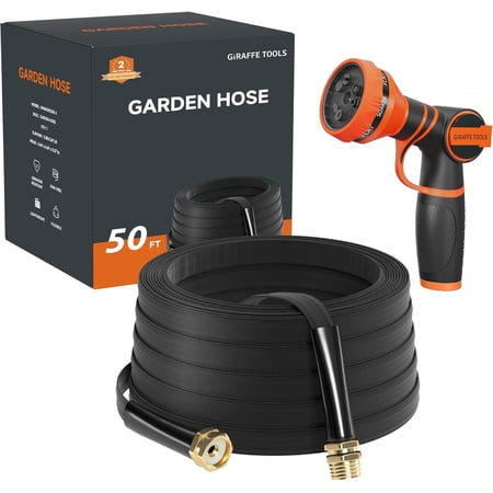 Garden Hose 50FT Lightweight Lay Flat Water Hose Kink Free Flexible Hose with 9 Spray Function Nozzle Black