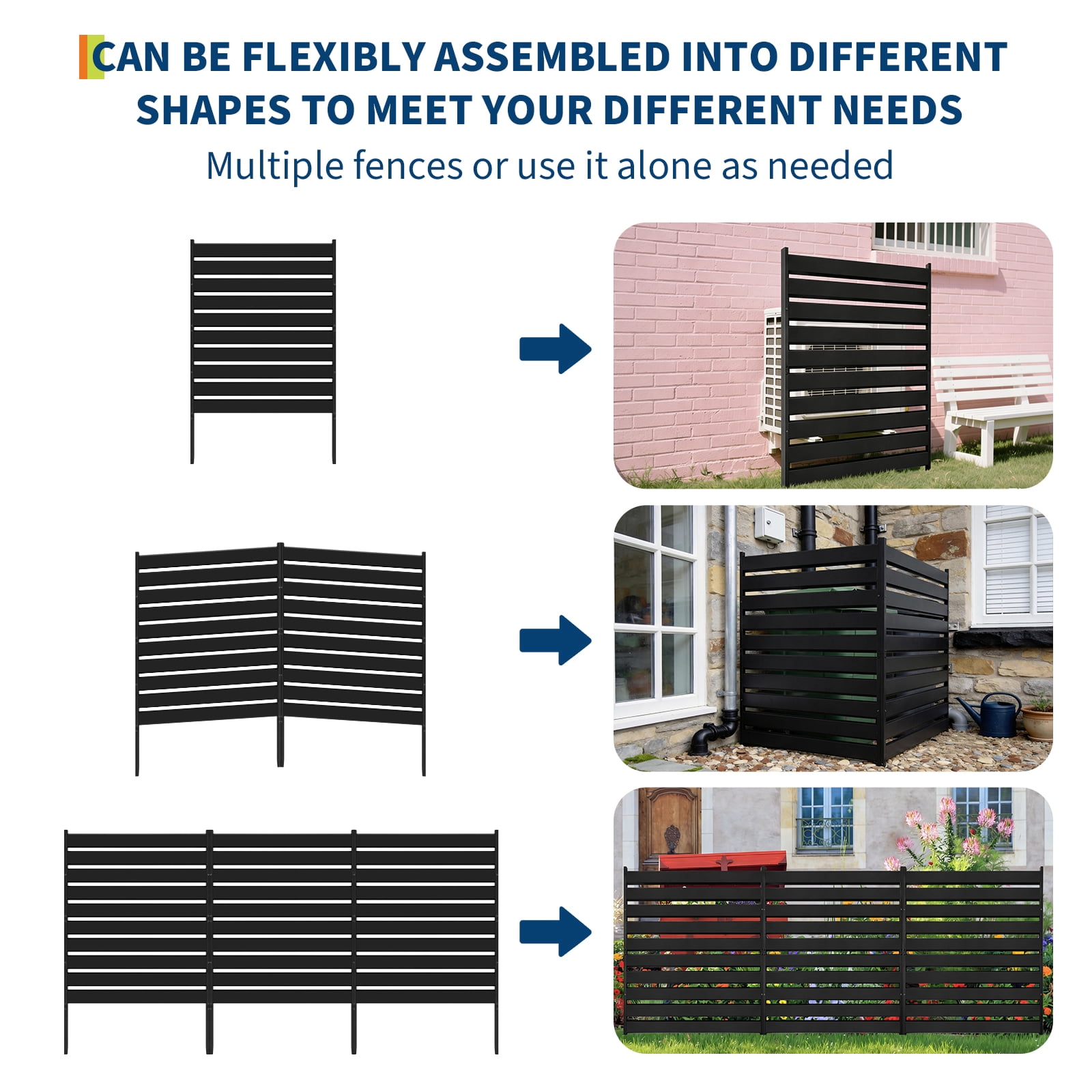 Heavy-Duty Metal Privacy Fence Panel - Outdoor Decorative Screen for Garden, Patio, AC Unit, Trash Bin - 38"W x 42"H - No-Dig Installation - 1 Pack, Black