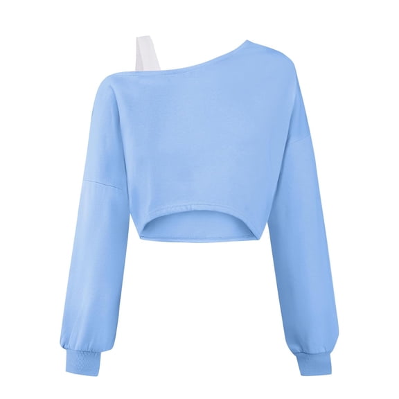 CUZIBR Girls Kids One Shoulder Crop Top Shirts Asymmetrical Neck Long Sleeve Cute Solid Color Loose Fit Fashionable Lightweight Trendy Summer Pullover Blouse Breathable Streetwear,Blue,7-8 Years