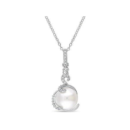 8.5 Mm White Pearl - 8.5 - 9mm White Cultured Freshwater Pearl and 1/8 Carat T.W. Diamond Sterling Silver Twist Drop Pendant, 18