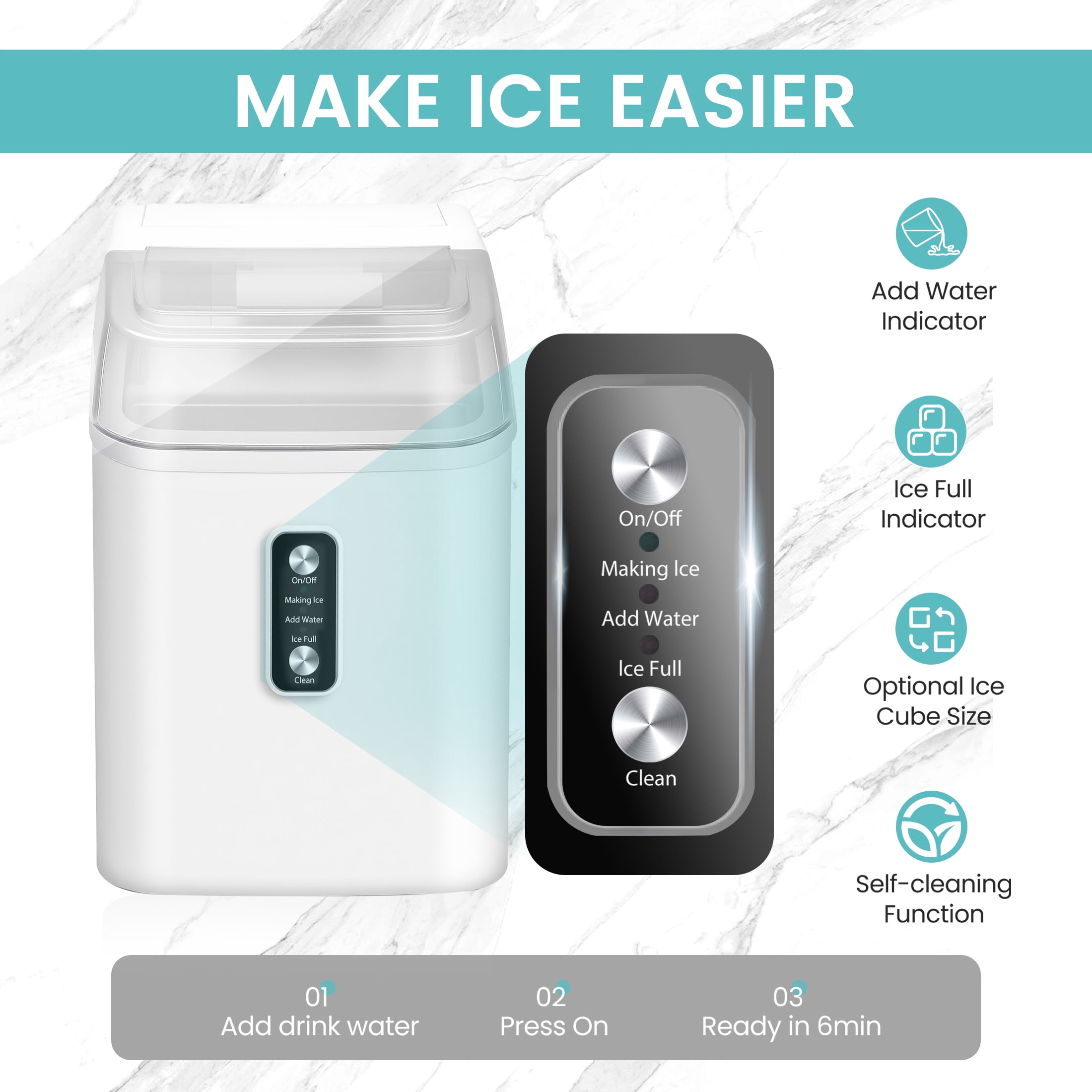 edx Nugget Ice Maker Countertop, 26 lbs/24H , Self-Cleaning Ice Maker , Includes Ice Scoop & 2.65 lbs Removable Basket, White