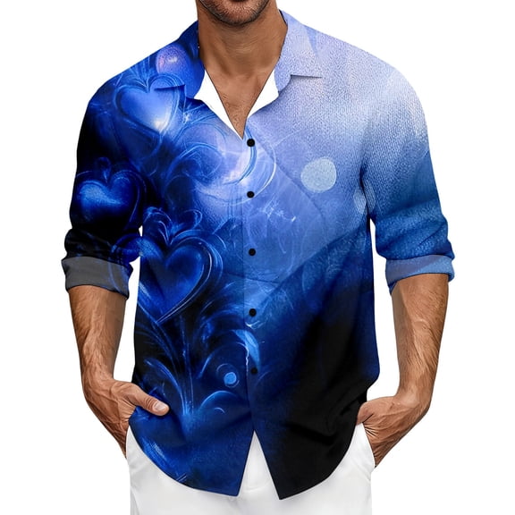 JHHLSF Men's Valentine Heart Print Long Sleeve Shirt For Stylish Casual Dress Shirt With Design Modern Fit And Gentle Stretch For Everyday Wear Blue,3XL