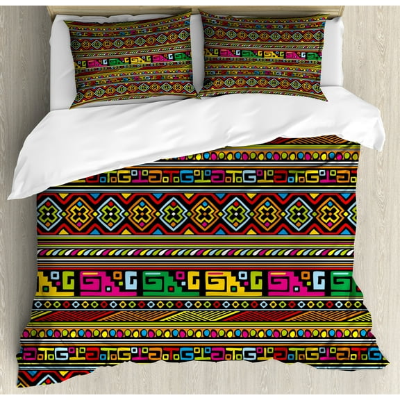 Colorful Duvet Cover Set, Design with Modern Geometrical Details Themed Abstract Quirky Shapes Print, Decorative 3 Piece Bedding Set with 2 Pillow Shams, Queen Size, Multicolor, by Ambesonne