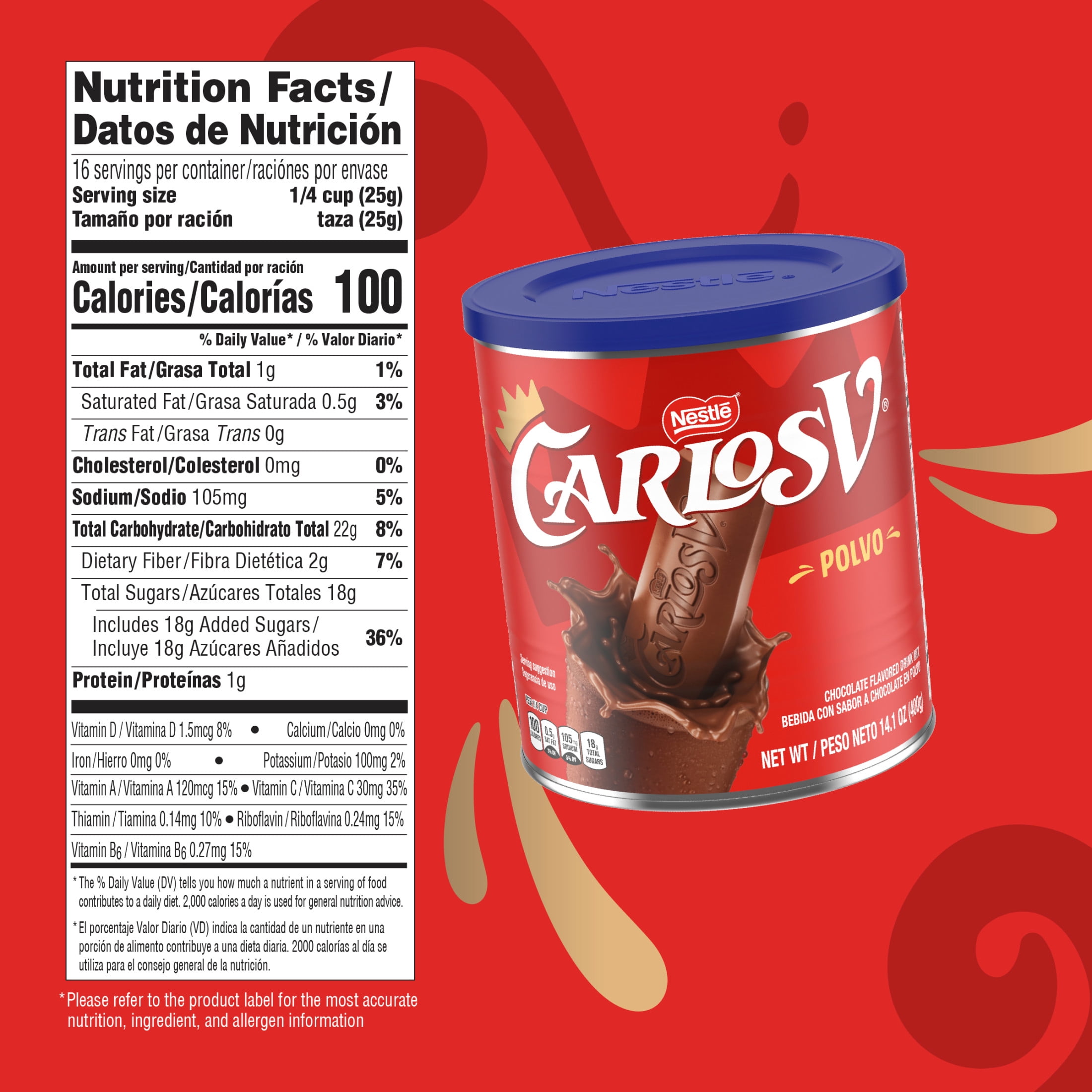 Carlos V Chocolate Flavored Powder Drink Mix, 16 Total Servings 14.1 oz
