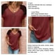 thumbnail image 4 of Camiseta informal de manga corta con empalme de encaje y botones en la parte superior con cuello en V para mujer para uso en verano, rojo vino XL, 4 of 5