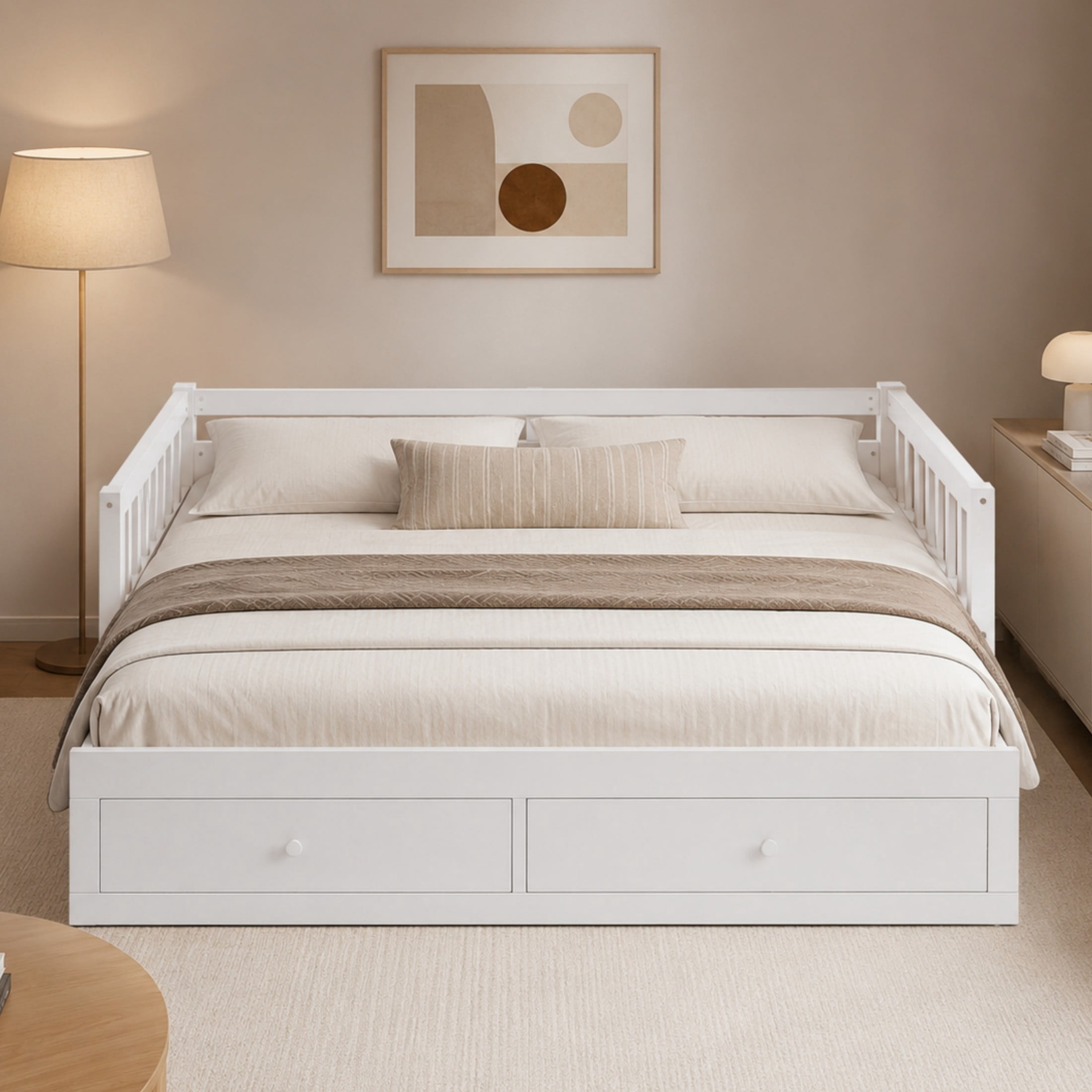 Noble House Twin to King Extendable Daybed with Pull-Out Trundle, 2 Drawers & Guardrails, White