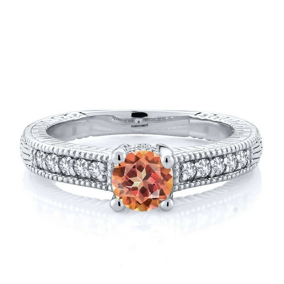 Gem Stone King 925 Sterling Silver Ecstasy Mystic Topaz and White Created Sapphire Women's Solitaire Ring with Accent Stones (1.15 Cttw, Round Shape 5MM, Size 5)