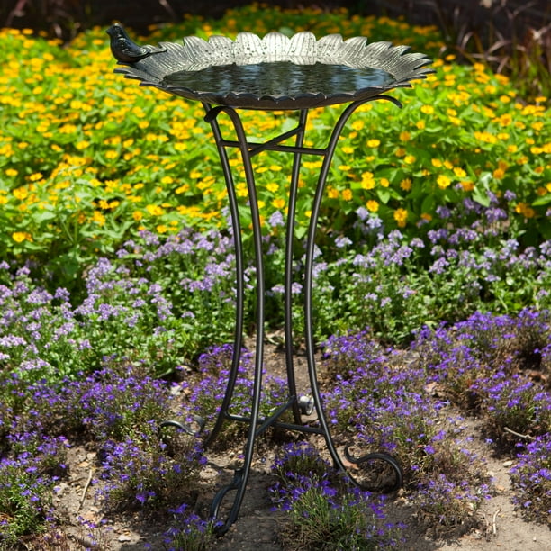 Innova Sunflower with Sitting Bird Metal Bird Bath Antique Black