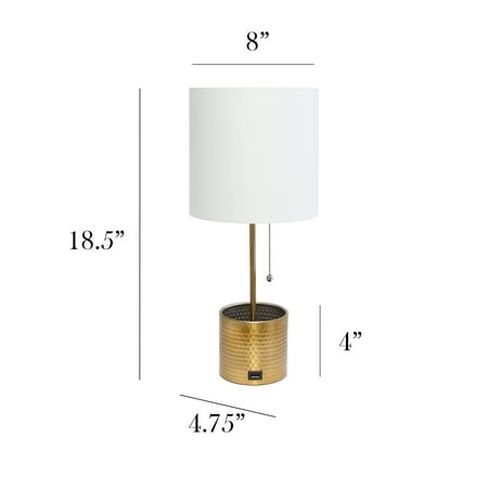 Simple Designs - Hammered Metal Organizer Table Lamp with USB charging port and Fabric Shade - Gold base/White shade