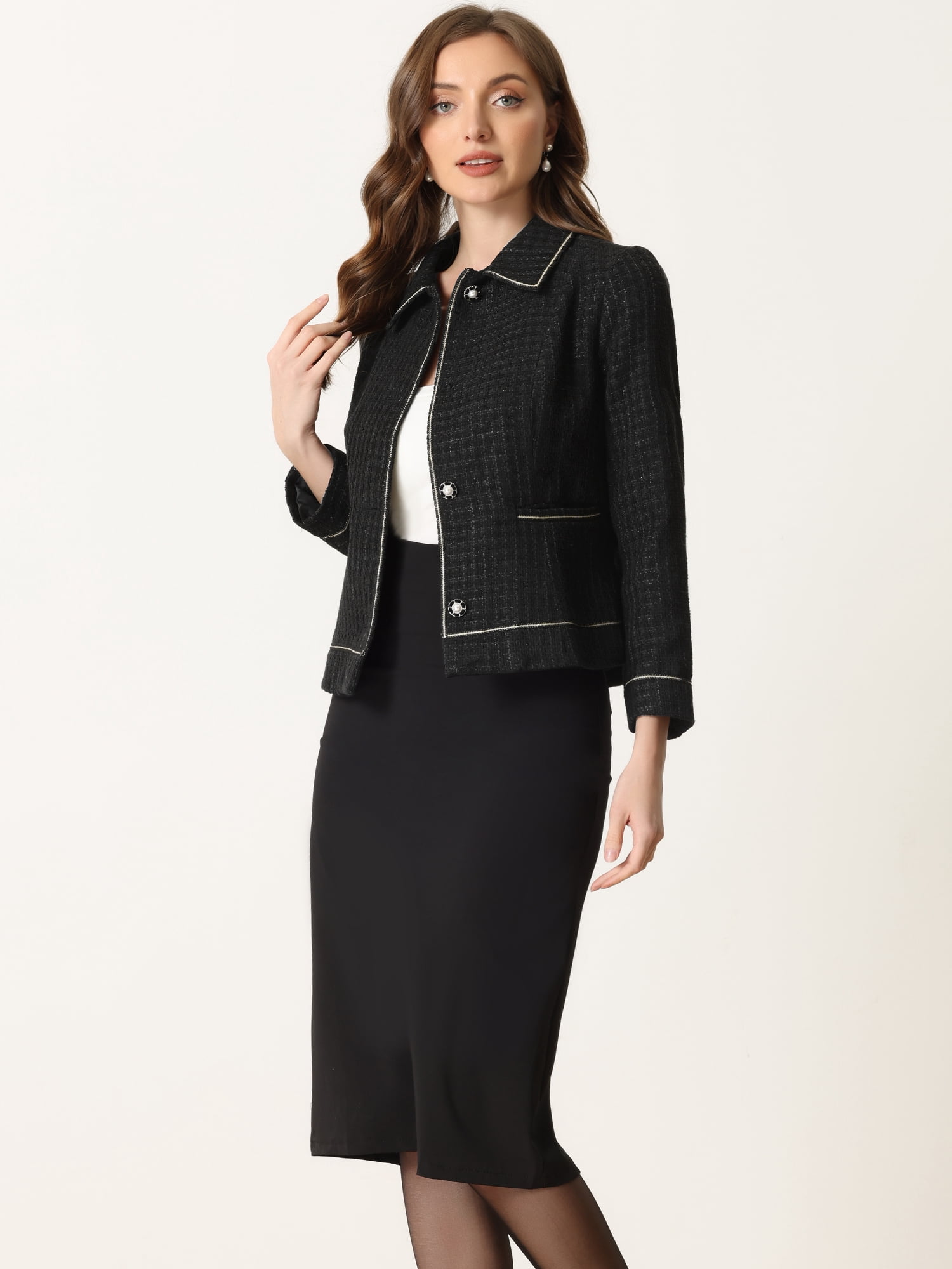 DARING DIVA Pearl Button Contrast Trim Coats Fashion Jackets XS Black
