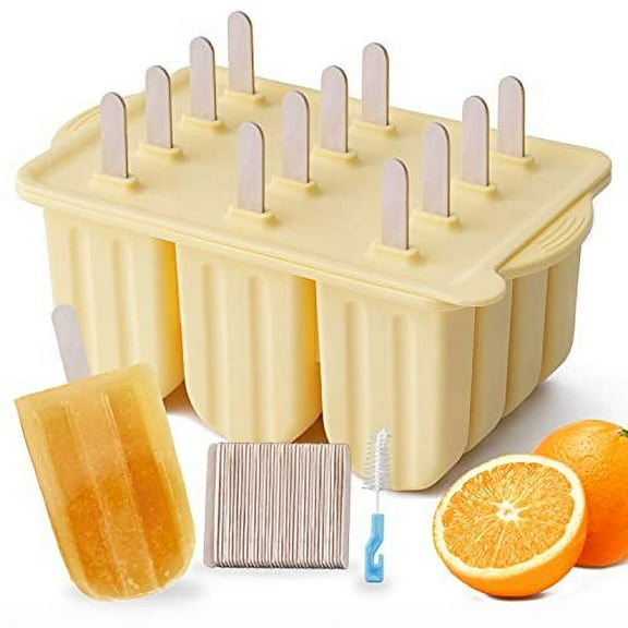 Popsicle Molds, MEETRUE 12 Pieces Silicone Popsicle Molds Easy-Release BPA-free Popsicle Maker Molds Ice Pop Molds Homemade Popsicle Ice Pop Maker with 50PCS Popsicle Sticks Cleaning Brush, Yellow