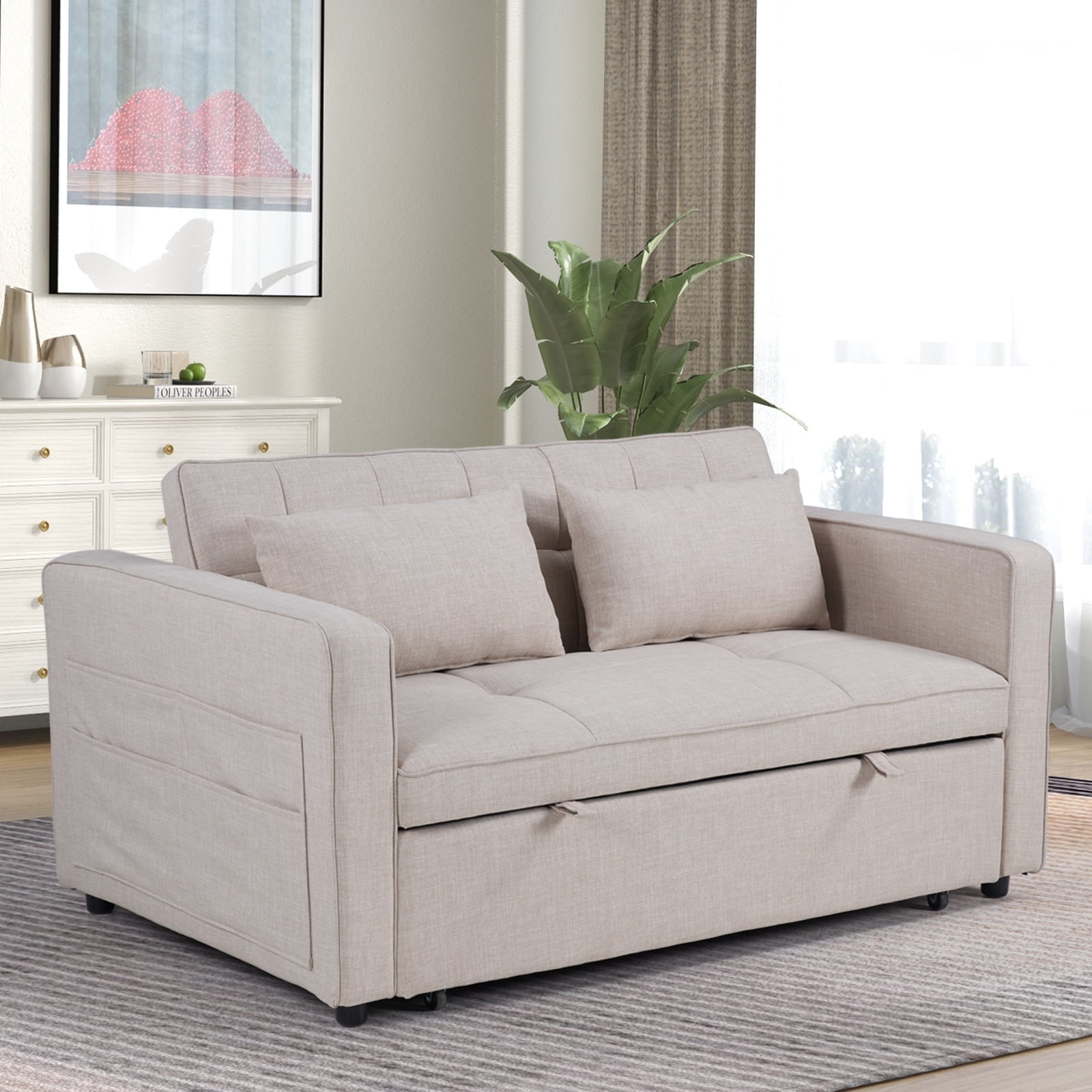 Bonzy Home Pull Out Bed Futon Couch with Reclining Backrest and Side Pocket, Modern Loveseat for Living Room Beige