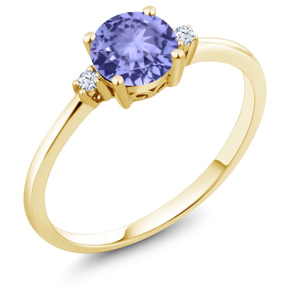 Gem Stone King 10K Yellow Gold Blue Tanzanite and White Created Sapphire Solitaire Engagement Ring for Women (0.93 Cttw, Round 6MM, Gemstone December Birthstone, Size 5)