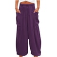 thumbnail image 2 of Summer Savings 2024! TAGOLD Womens Summer Pants,Women Cotton Linen Solid Casual Pant Loose Comfy Solid Drawstring Wide Leg Crop Trousers With Pockets, 2 of 5