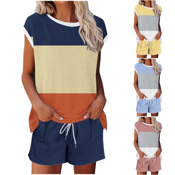 Sakmal High Waisted Shorts Sets for Women 2 Piece Outfits Blue Color Block Stretchy Shorts for Women with Pockets