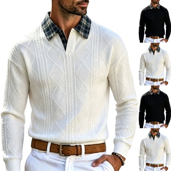 Plaid Collar Textured Jacquard Knit Polo Shirt for Men, V Neck Long Sleeve Buttonless Vintage Casual Sweater White