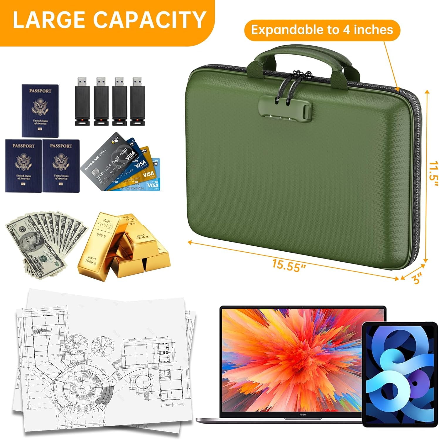 Fireproof File Organizer with Lock, Hard-Shell Case Fireproof Document Box with 13 Pocket Accordion File Folder, Portable Home Office Travel Safe Storage for Important Documents Laptop Green