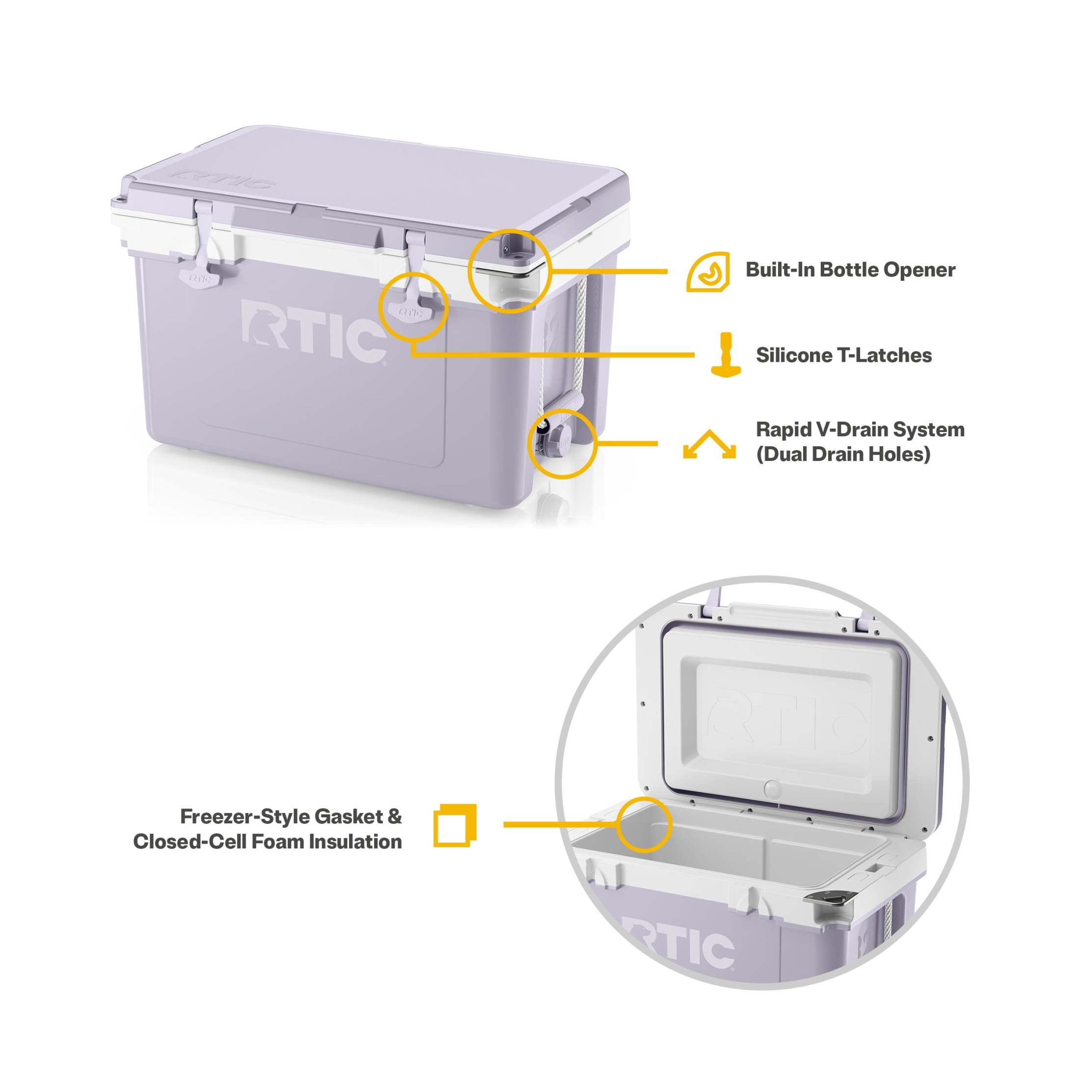 RTIC 32 QT Hard-Sided Ice Chest Cooler, Ultra-Light, Fits 48 Cans, Dusty Lilac/White