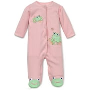 Frog Friends Snap Front Footie Pajamas For Baby Girls with Frog Feet Sleep N Play One Piece Romper Coverall Cotton Infant Footed Sleeper; Pijamas Para Bebes- Pink Print - 3 Months