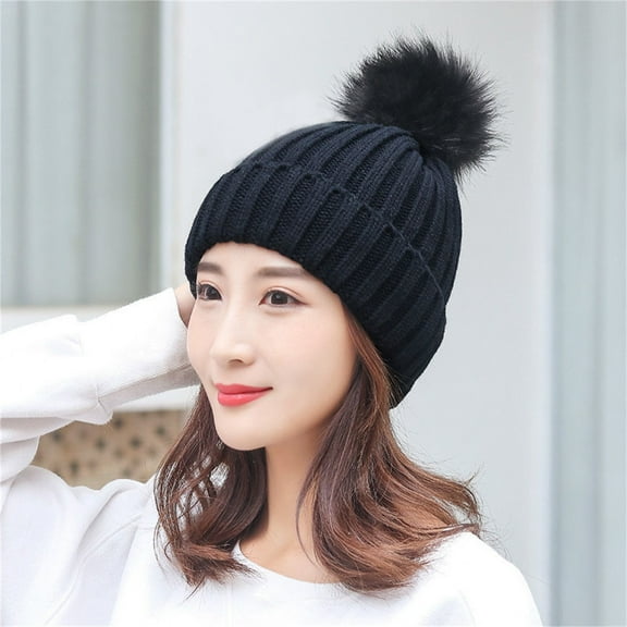 Dyfzdhu Women Winter Hats Thick Cable Hat Warm Fleece Lined Knitted Soft Cap Black