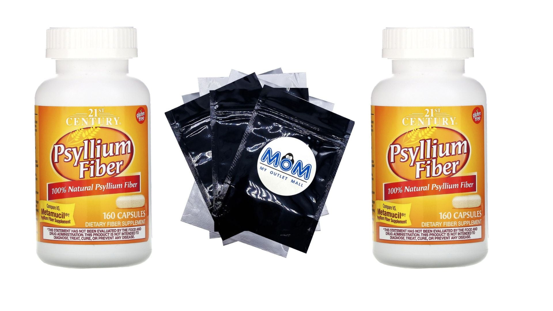Psyllium Fiber Capsules 160 count 2 Bottles plus 3 My Outlet Mall Resealable Pouches