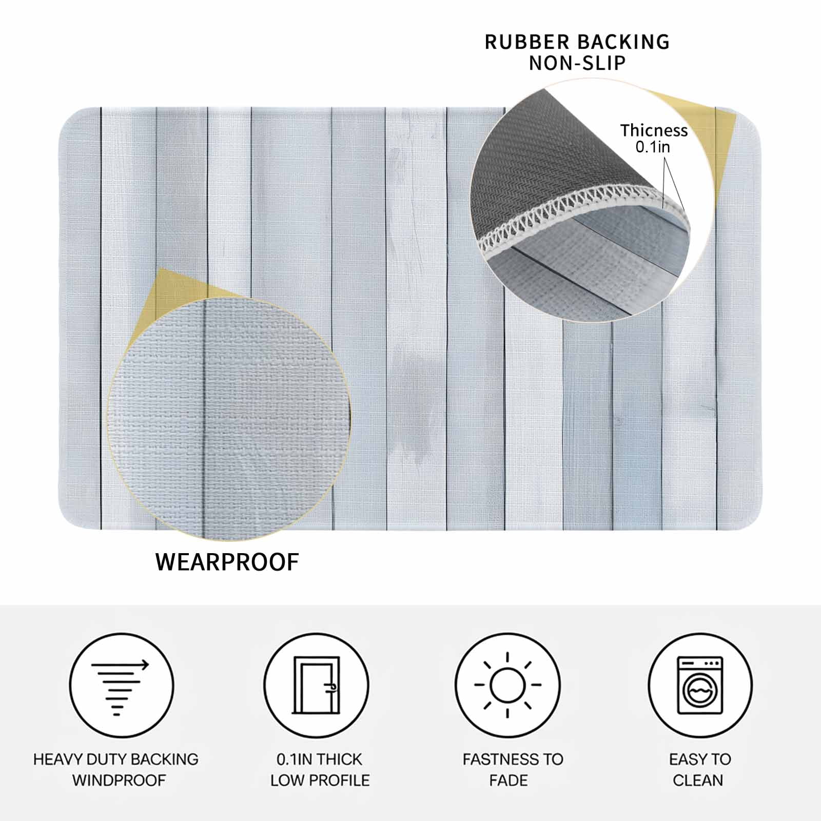 Blue Grey Wood Plank Doormat Outdoor Entrance 24"x36", Farmhouse Wooden Grain Rustic Absorb Moisture Dirt Door Mats, Non-Slip Rubber Backing Floor Mats Indoor, Low-Profile Front Door Rugs