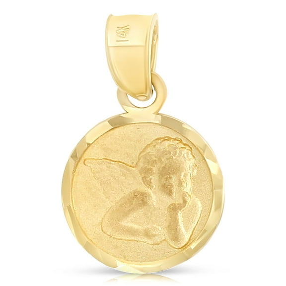 Ioka-14K Yellow Gold Cherubic Guardian Angel Pendant For Necklace or Chain - Religious Charm