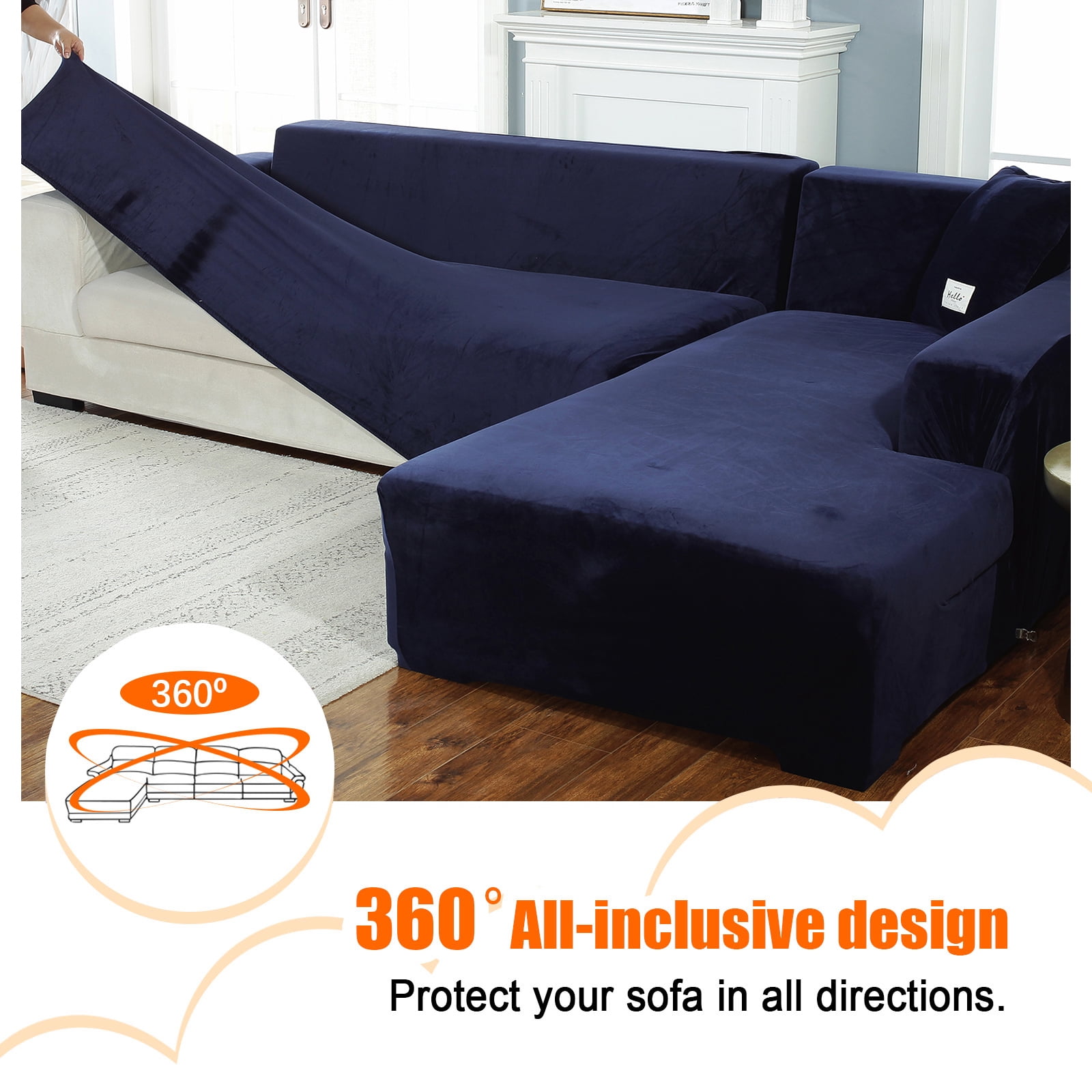 CJC Sectional Couch Covers, Velvet Stretch L Shape Sofa Covers, 2pcs Sofa Slipcovers for 3 + 4 Seaters Sectional Chaise Slipcover for Pets Kids, Navy Blue