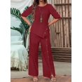 thumbnail image 6 of Women'S Asymmetric Hem Pants Set Elegant Fashion Casual Button Sleeve Shirt Loose Two Piece Outfit Wine Red 4XL, 6 of 7