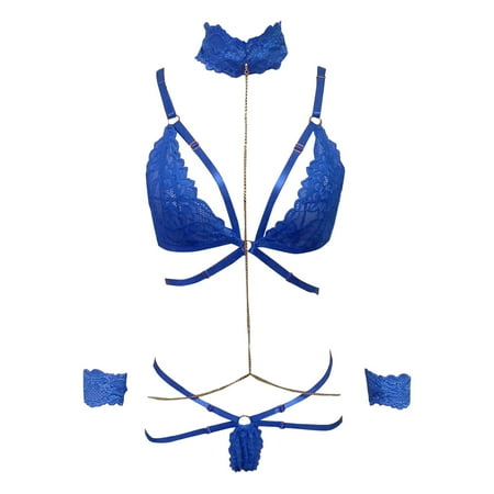 

nsendm Red Lingerie With G String Halter Metal Chain Lace Underwear Women Matching Underwear for Couples Set Underwear Blue Large