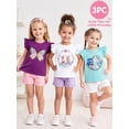 thumbnail image 2 of HILEELANG Toddler Girl's Tee Shirts Summer Puff Short Sleeve Cotton Casual Crewneck Graphic Ruffle Cap Easter Purple Butterfly T-Shirts Tops 3 Packs Sets 2T, 2 of 7