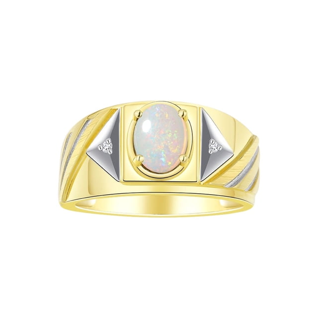 RYLOS Men's Rings 14K Yellow Gold Ring Classic Designer Style 8X6MM Oval Gemstone & Diamond Ring Opal October Birthstone Rings For Men Size 10