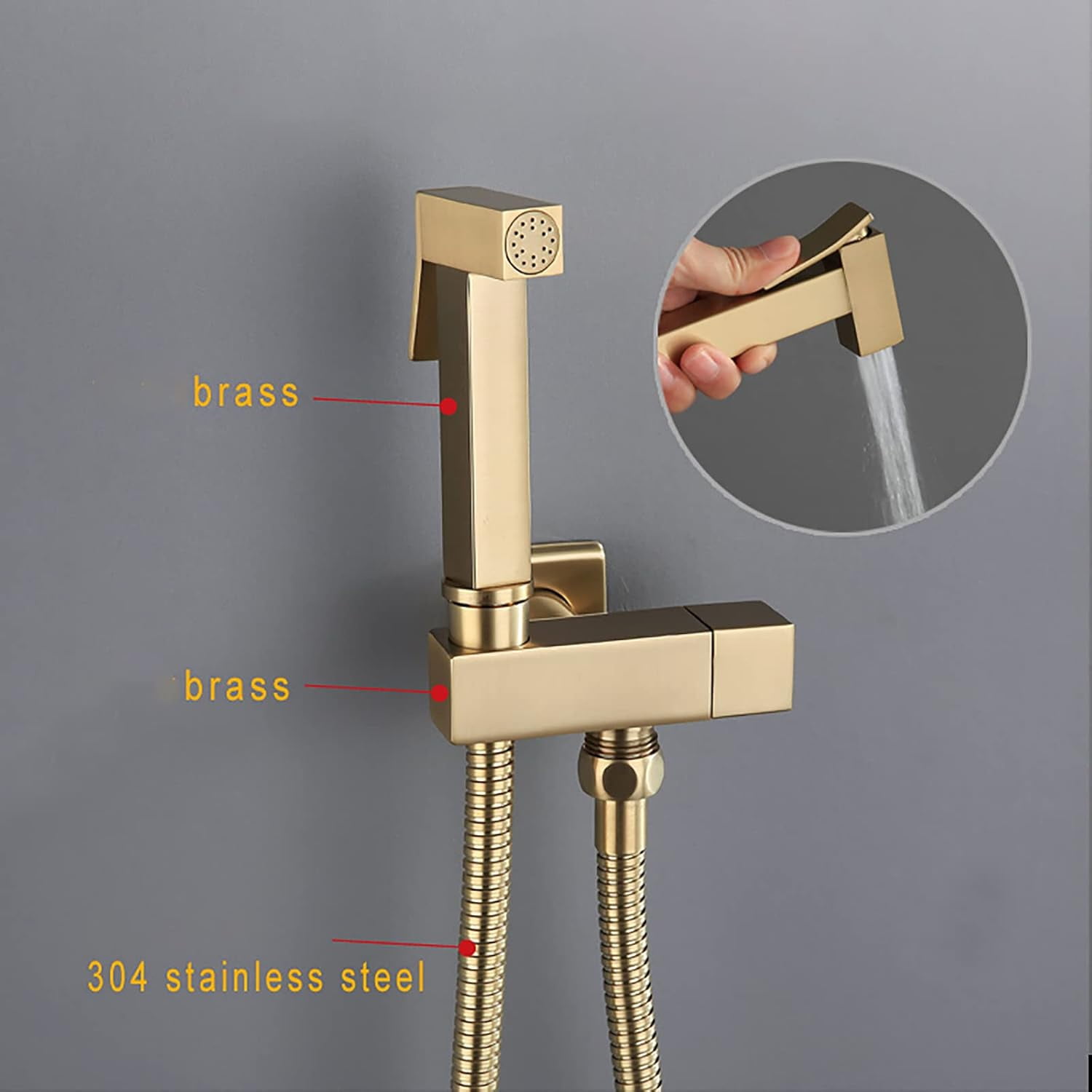 Handheld Bidet Sprayer for Toilet, Brushed Gold Brass Bathroom Cloth Diaper Sprayer Set with Single Cold Water, Wall Mounted Toilet Bidet Sprayer Kit for Feminine Hygiene, Bathing Pets