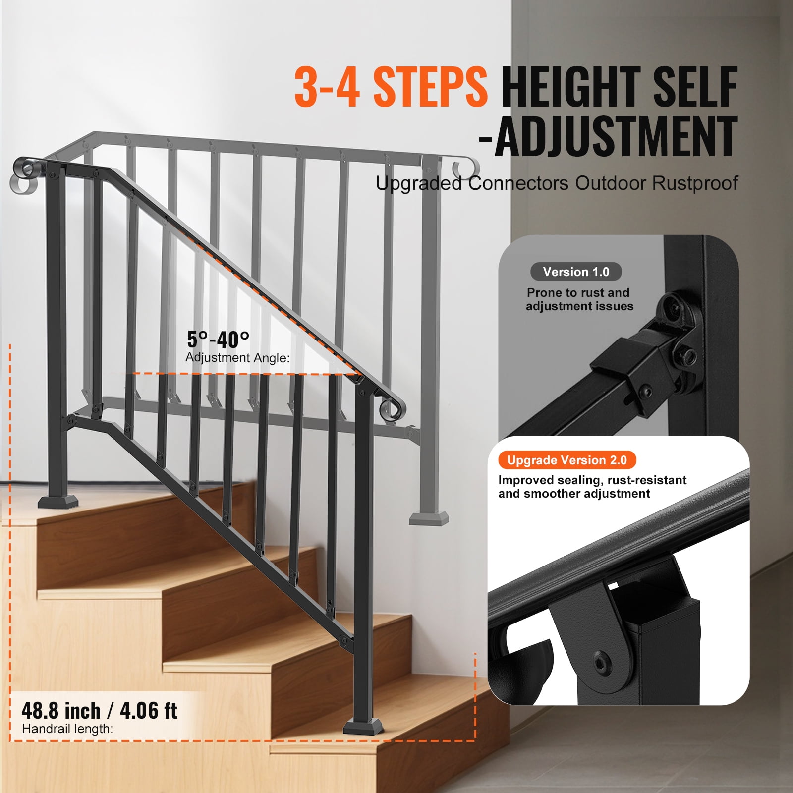 VEVOR Handrails for Outdoor Steps, 3-4 Step Stair Hand Rail Kit, Transitional Carbon Steel Railings with Installation Kit, Stair Rails for Seniors, Concrete Steps & Porch & Deck, Black Retro Arch