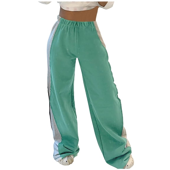 Womens Relax Fit Baggy Sweatpants Casual Sports Long Pants Stylish Color Blocking Wide Leg Trousers Solid Jogger Pant