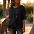 thumbnail image 4 of Mifsaly Vacation Tops for Women Button Down Short Sleeve Linen Shirts with Drawstring Hem Lightweight Flowy Loose Fit Textured Summer Boho Clothes Black,S, 4 of 7