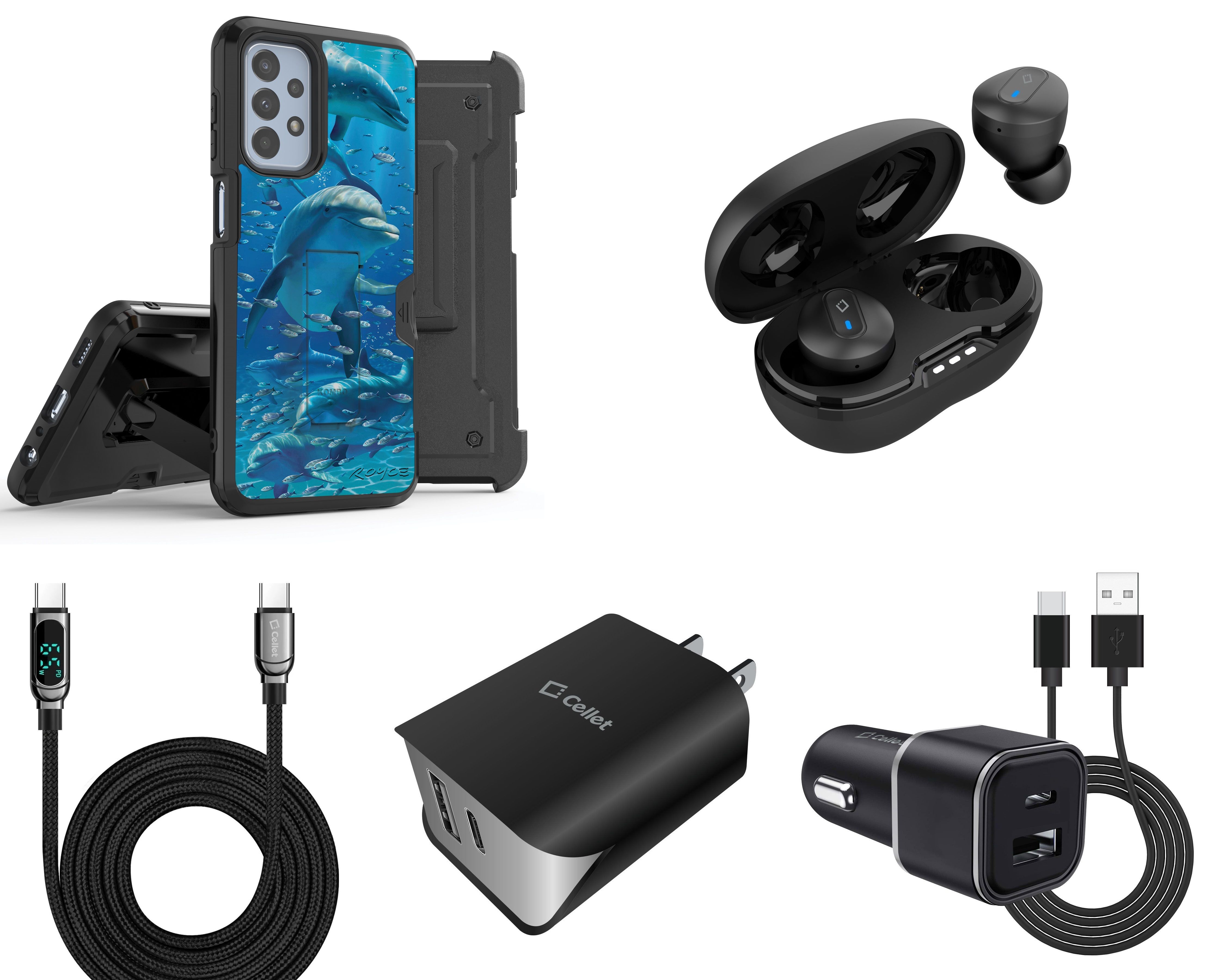 Accessories Bundle Pack for Samsung Galaxy A13 5G Case - Heavy Duty Rugged Cover (Dolphin), Belt Holster Clip, Wireless Earbuds, Car Charger, Wall Charger, Digital Display USB-C Cable - image 1 of 7