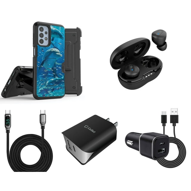 Accessories Bundle Pack for Samsung Galaxy A13 5G Case - Heavy Duty Rugged Cover (Dolphin), Belt Holster Clip, Wireless Earbuds, Car Charger, Wall Charger, Digital Display USB-C Cable