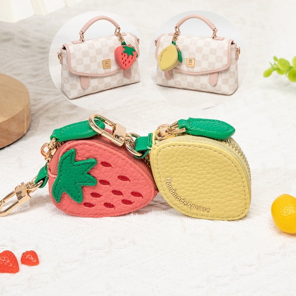 Cute Fruit Leather Bag Charm – Kawaii Strawberry And Lemon Mini Purse Keychain with Zipper Pocket, Trendy Handbag Accessory