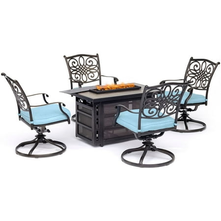 Fire Pit Tables And Chairs Sets Hanover Traditions 5-Piece Seating Set in Blue with a 30,000 BTU Fire Pit Table and 4 Swivel Rockers ()