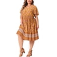 thumbnail image 2 of GRACE & GRANDEUR Women's Plus Size V Neck Flare Short Sleeves Floral Boho Midi Summer Dresses 2X Orange, 2 of 6