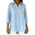thumbnail image 2 of Women's Plus Size 3/4 Sleeve V-Neck Top, Elegant Lapel Casual Blouse with Side Slit, Loose Fit Tunic for Office Work, Everyday Wear and Casual Outfits Light Blue L, 2 of 4