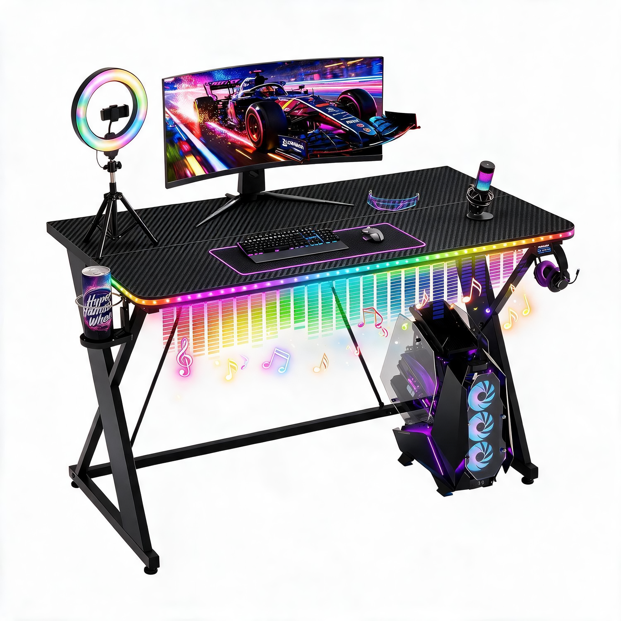 RSPGAME 43" Music Sync Gaming Desk with LED Lights, Gamer Table with Cup Holder & Headphone Hook, X-Shape Home Office PC Computer Desk, Carbon Fiber Black