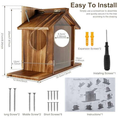 Squirrel Feeder, Wooden Squirrel Feeder, House Large Capacity Squirrel Feeding Stations, Easy to Fill Chipmunk Feeding Station for Corn Peanuts, Outside 32.5x12.5x21cm/13 * 5 * 8.2