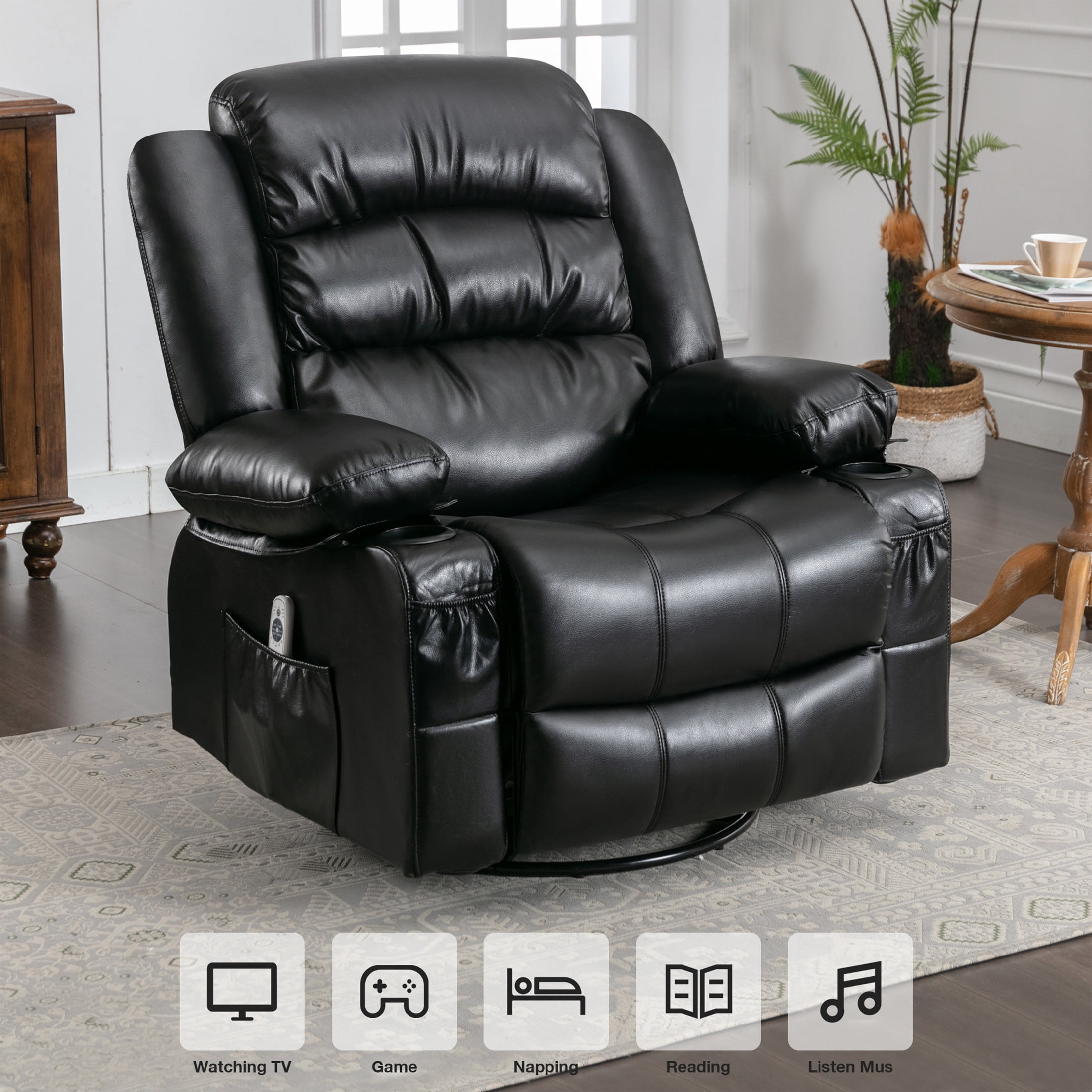 UHOMEPRO Massage Swivel Rocker Recliner Chair, PU Leather Rocking Sofa Home Recliner with Side Pockets Cup Holder and USB Charge Port, 360-degree Rotation, 30-degree Rocking, Black