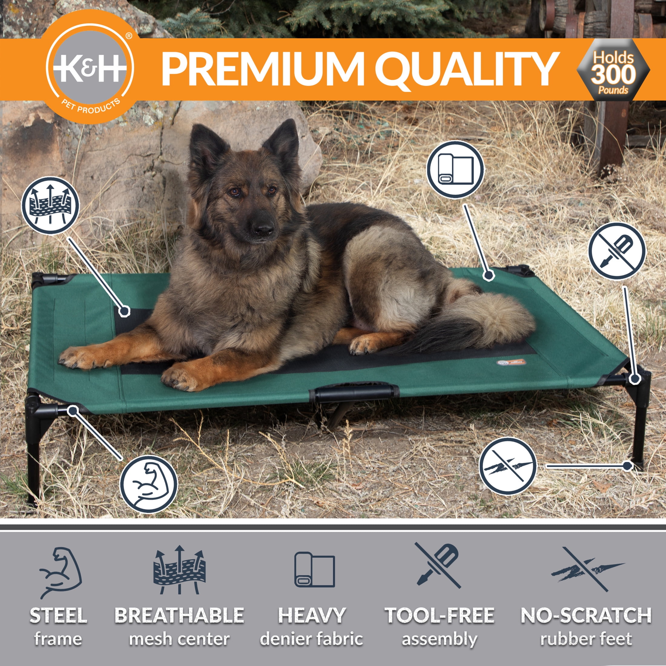 K&H Pet Products Original Pet Cot Elevated Dog Bed Green/Black Mesh X-Large 50 X 32 X 9 Inches