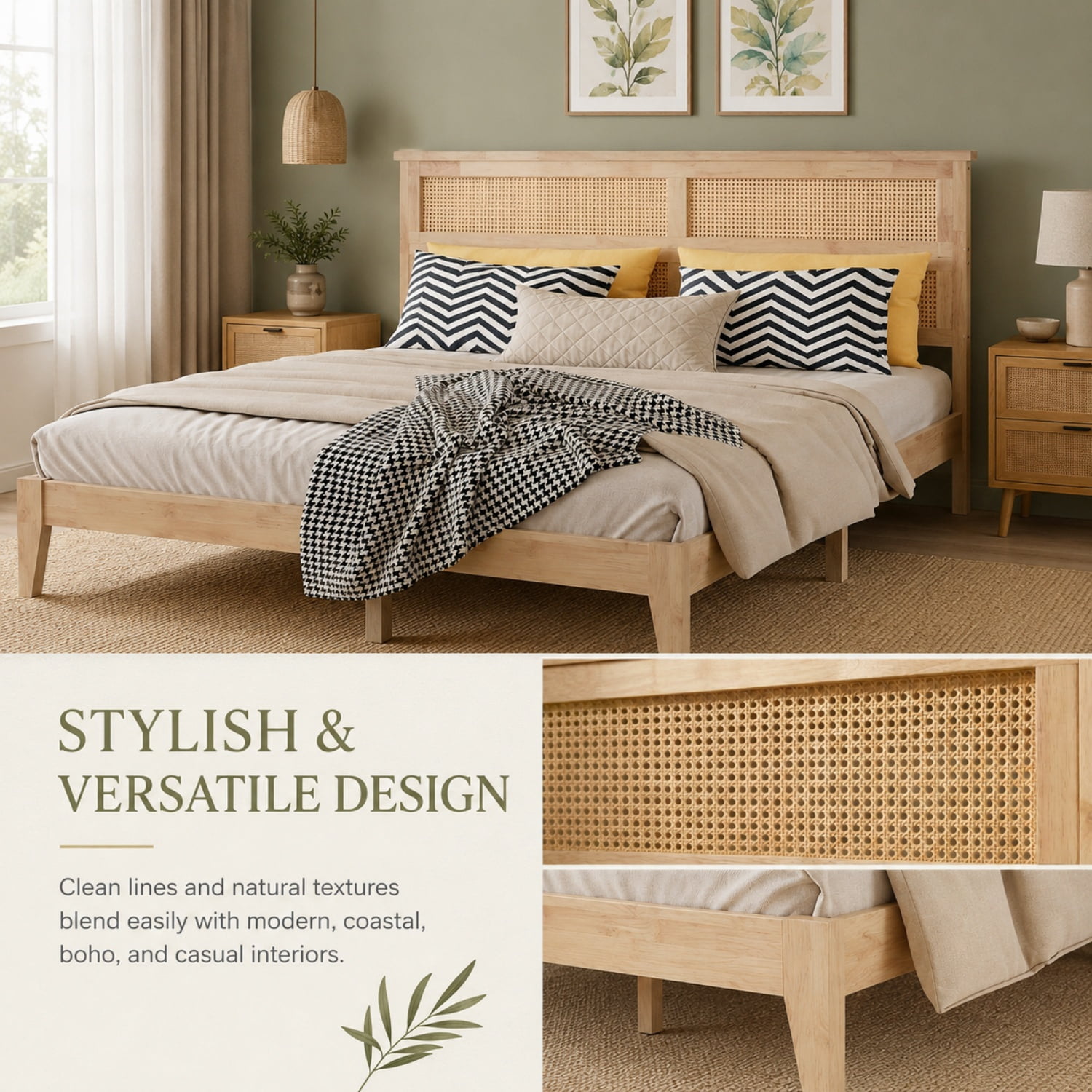 Miniyam King Size Rubber Wood Bed Frame with Rattan-Style Woven Headboard, Natural